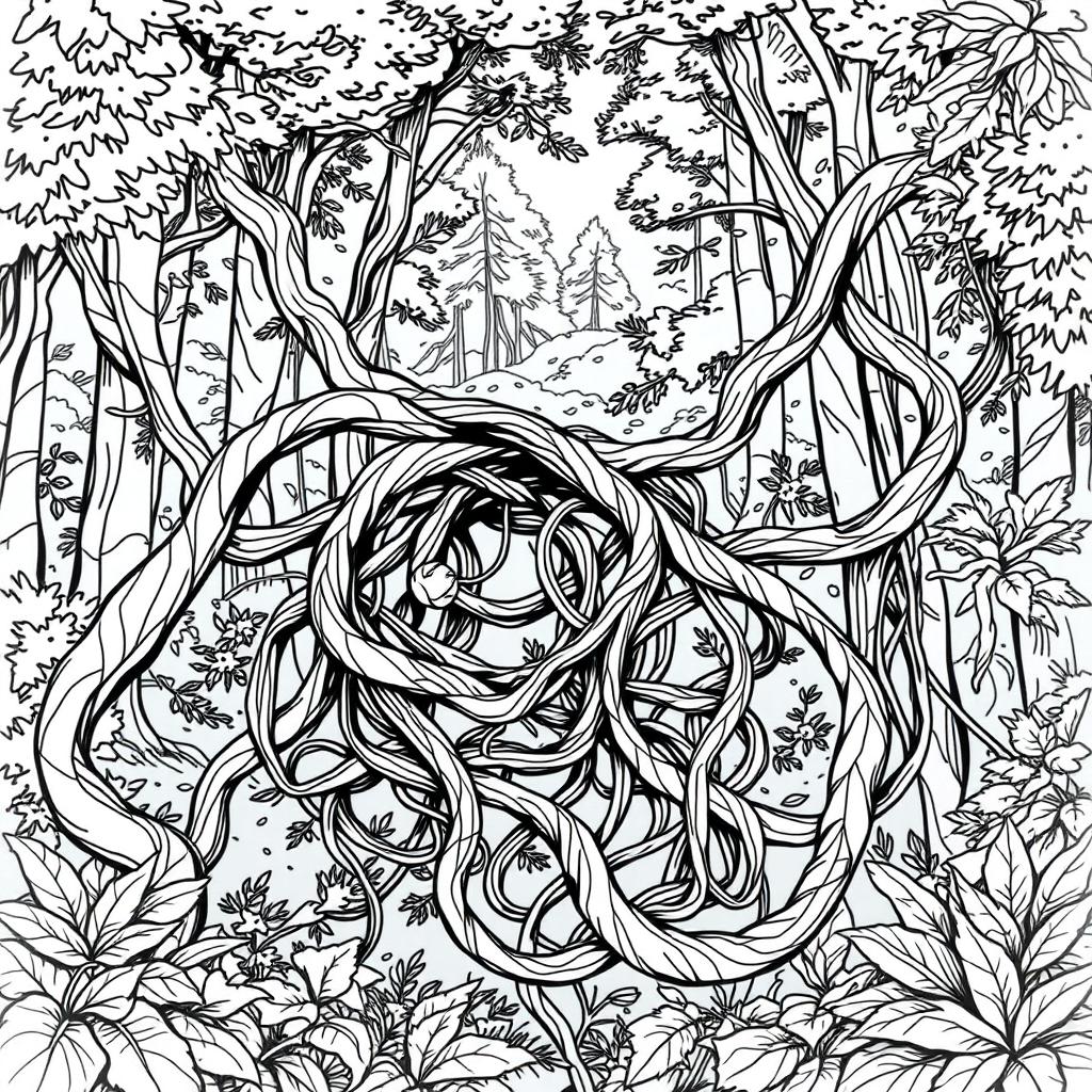 A captivating line drawing of thick ensnaring vines set against a lush forest background