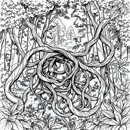 A captivating line drawing of thick ensnaring vines set against a lush forest background