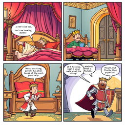 A delightful comic strip portraying a king who has just awoken in his sumptuous, richly decorated bedroom