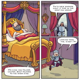 A delightful comic strip portraying a king who has just awoken in his sumptuous, richly decorated bedroom