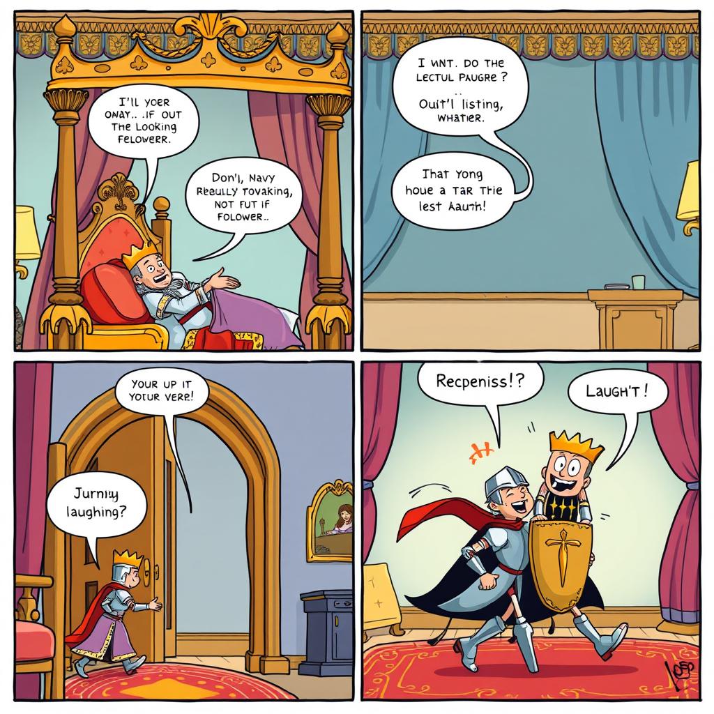 A delightful comic strip portraying a king who has just awoken in his sumptuous, richly decorated bedroom