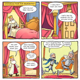 A delightful comic strip portraying a king who has just awoken in his sumptuous, richly decorated bedroom
