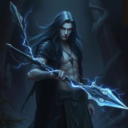 A shadow-touched umbral human male standing in a mystical environment, featuring long, cool dark hair that flows elegantly