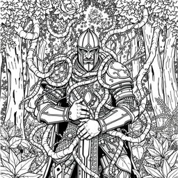 A striking line drawing of a knight ensnared in thick, intertwining vines, set against a lush forest background