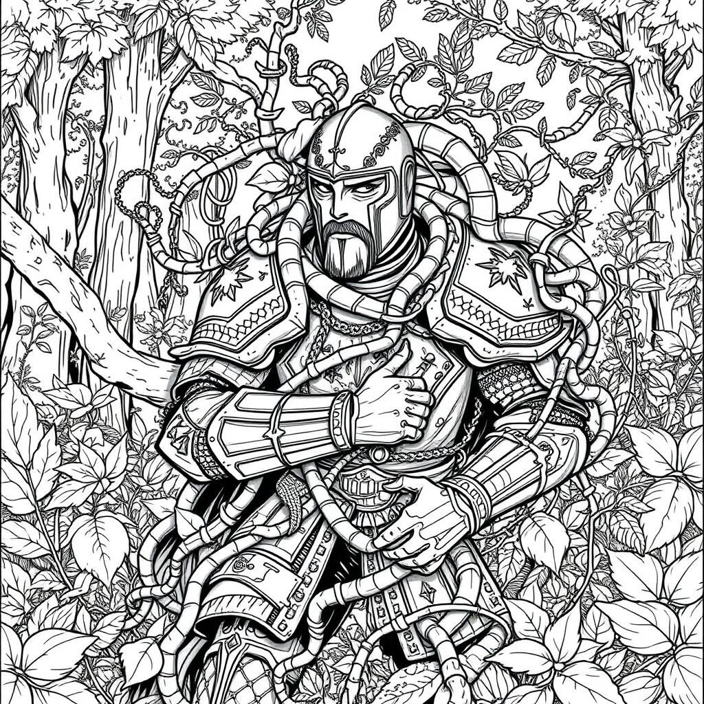 A striking line drawing of a knight ensnared in thick, intertwining vines, set against a lush forest background