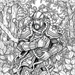 A striking line drawing of a knight ensnared in thick, intertwining vines, set against a lush forest background