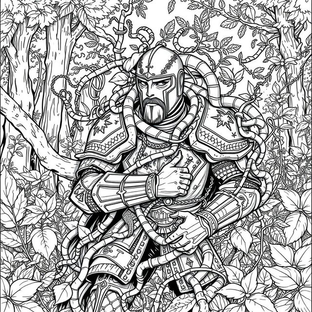 A striking line drawing of a knight ensnared in thick, intertwining vines, set against a lush forest background