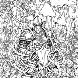 A striking line drawing of a knight ensnared in thick, intertwining vines, set against a lush forest background