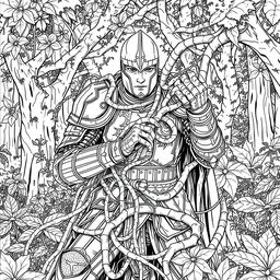 A striking line drawing of a knight ensnared in thick, intertwining vines, set against a lush forest background