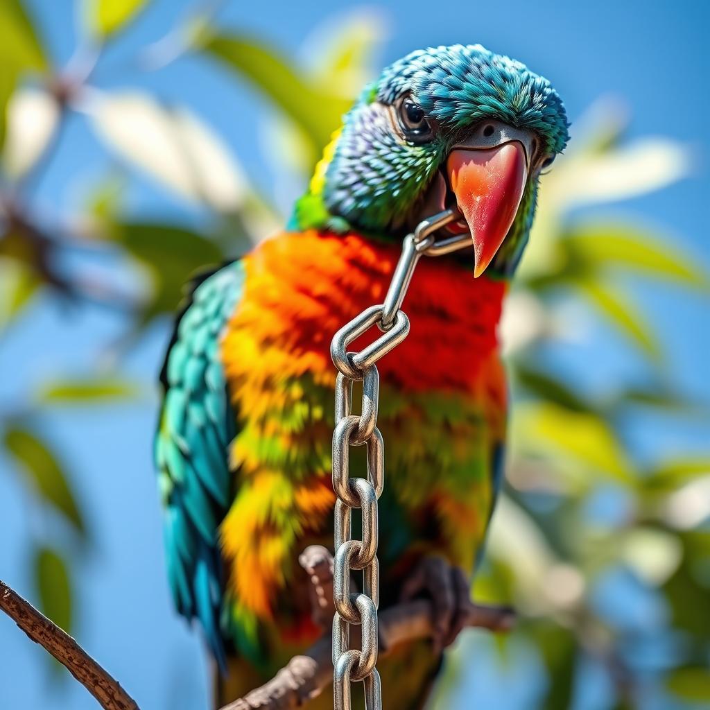 A vibrant and colorful bird, perched on a branch, holding a shiny metallic chain in its beak