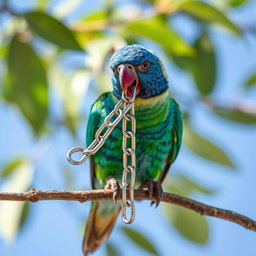 A vibrant and colorful bird, perched on a branch, holding a shiny metallic chain in its beak
