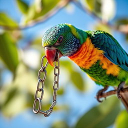 A vibrant and colorful bird, perched on a branch, holding a shiny metallic chain in its beak
