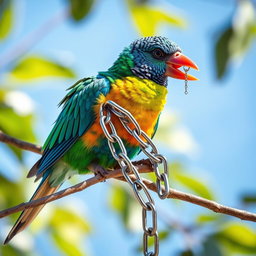 A vibrant and colorful bird, perched on a branch, holding a shiny metallic chain in its beak