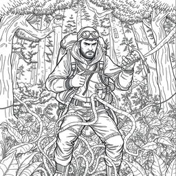 A detailed line drawing of an adventurer caught in thick, ensnaring vines amidst a dense forest background
