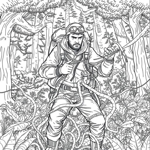A detailed line drawing of an adventurer caught in thick, ensnaring vines amidst a dense forest background
