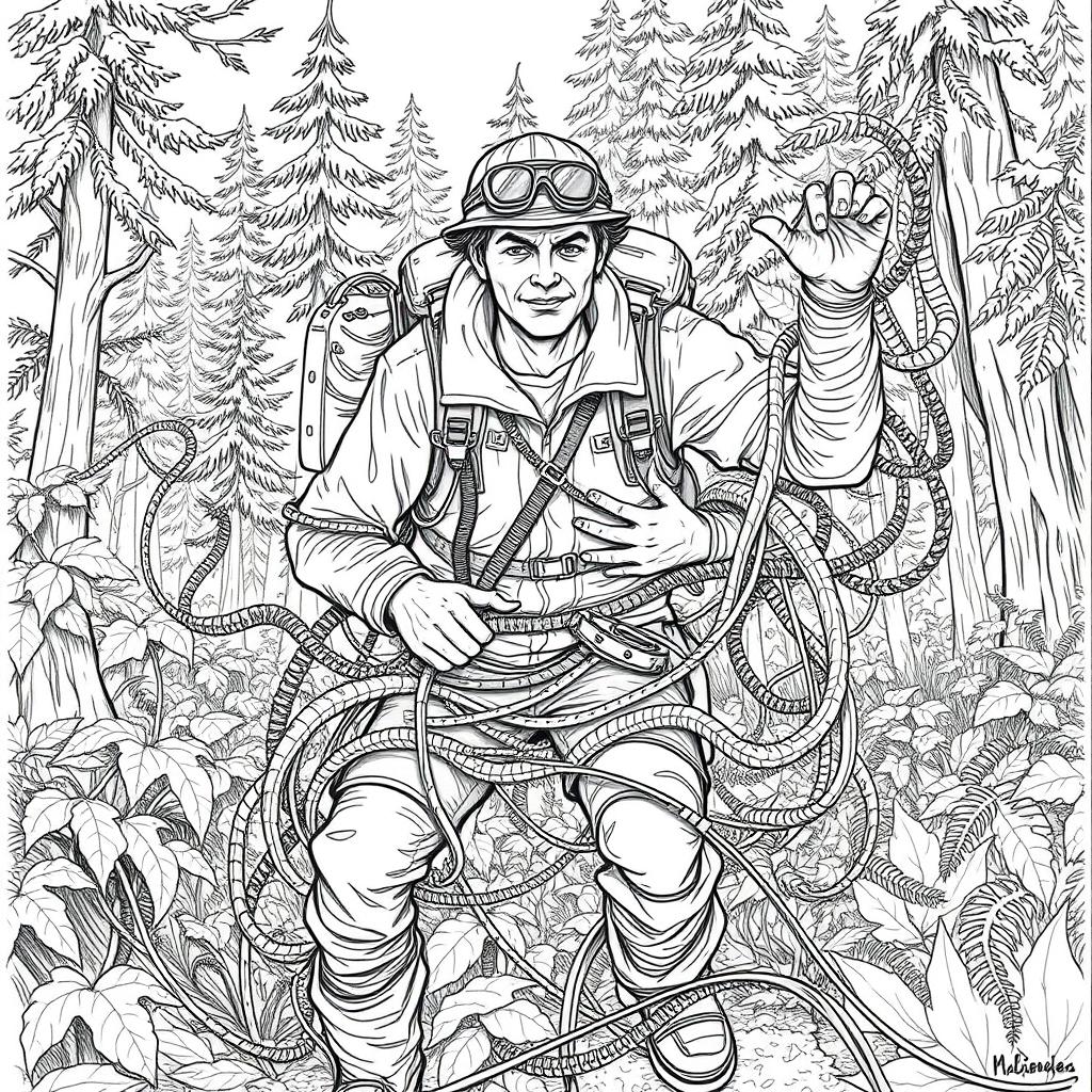 A detailed line drawing of an adventurer caught in thick, ensnaring vines amidst a dense forest background