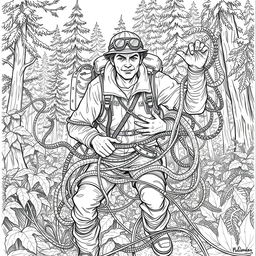 A detailed line drawing of an adventurer caught in thick, ensnaring vines amidst a dense forest background