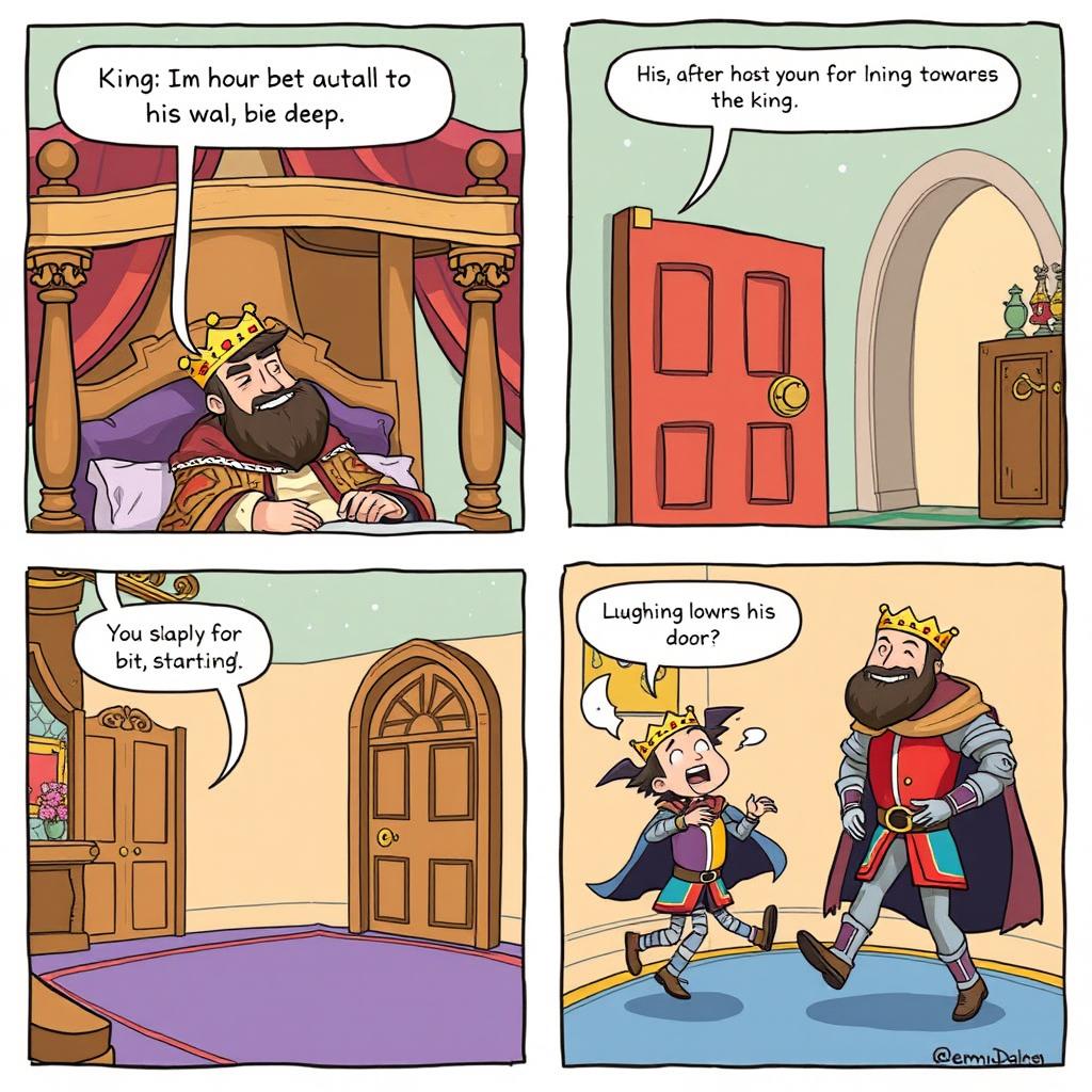 A charming comic strip illustrating a king in his luxurious bedroom just after waking up