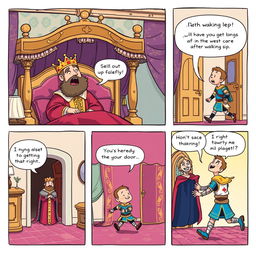 A charming comic strip illustrating a king in his luxurious bedroom just after waking up