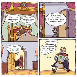 A charming comic strip illustrating a king in his luxurious bedroom just after waking up