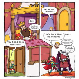 A charming comic strip illustrating a king in his luxurious bedroom just after waking up