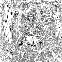 A detailed line drawing of a medieval adventurer ensnared in thick, intertwining vines, set against a dense, enchanting forest background