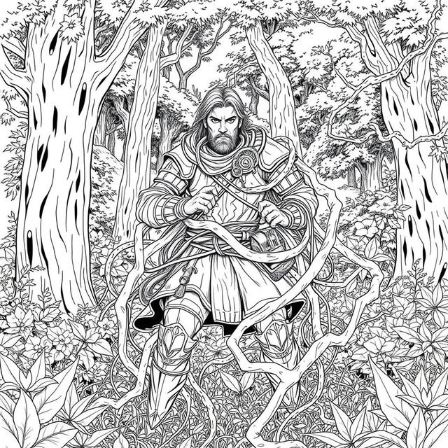 A detailed line drawing of a medieval adventurer ensnared in thick, intertwining vines, set against a dense, enchanting forest background