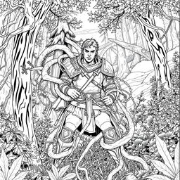A detailed line drawing of a medieval adventurer ensnared in thick, intertwining vines, set against a dense, enchanting forest background