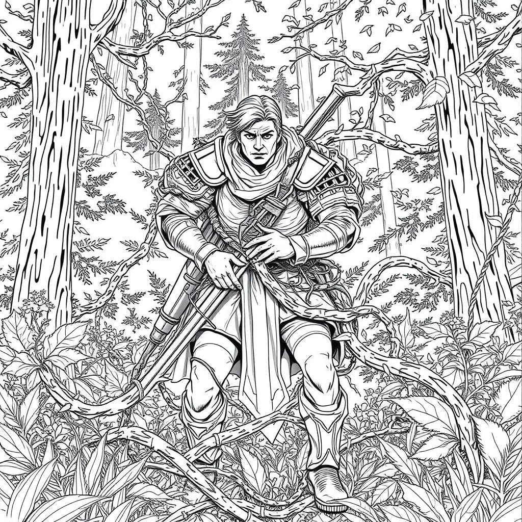 A detailed line drawing of a medieval adventurer ensnared in thick, intertwining vines, set against a dense, enchanting forest background