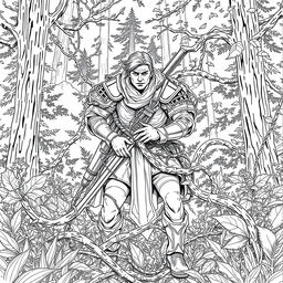A detailed line drawing of a medieval adventurer ensnared in thick, intertwining vines, set against a dense, enchanting forest background