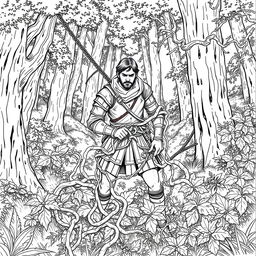A detailed line drawing of a medieval adventurer ensnared in thick, intertwining vines, set against a dense, enchanting forest background