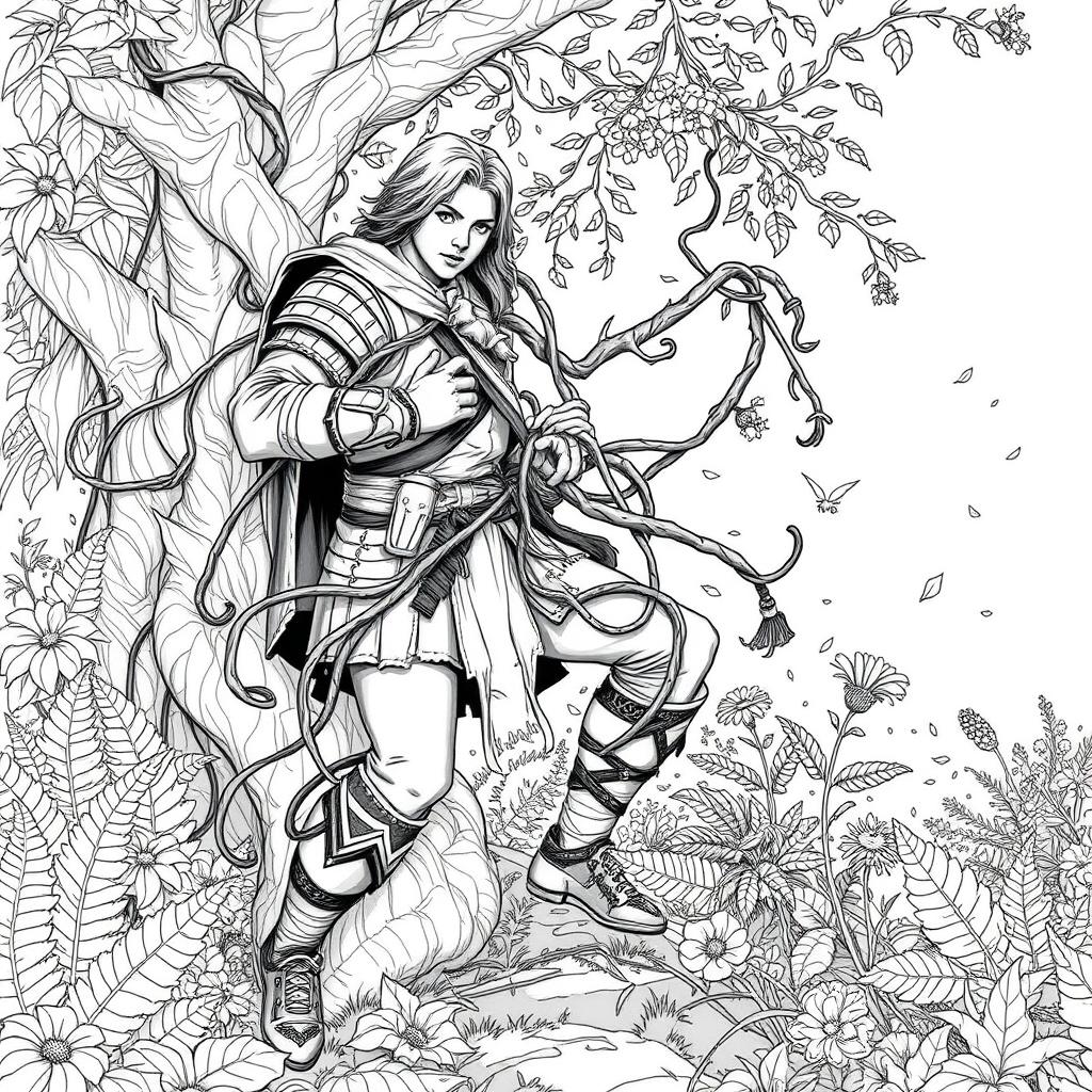 A captivating line drawing of a medieval adventurer ensnared in thick, twisting vines within a serene forest glen