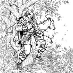 A captivating line drawing of a medieval adventurer ensnared in thick, twisting vines within a serene forest glen