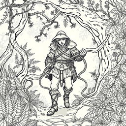 A captivating line drawing of a medieval adventurer ensnared in thick, twisting vines within a serene forest glen