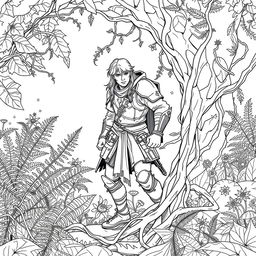 A captivating line drawing of a medieval adventurer ensnared in thick, twisting vines within a serene forest glen