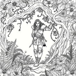 A captivating line drawing of a medieval adventurer ensnared in thick, twisting vines within a serene forest glen