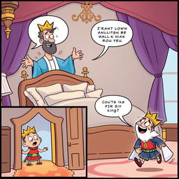 A lighthearted comic strip depicting a king in an opulent bedroom waking up