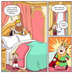A lighthearted comic strip depicting a king in an opulent bedroom waking up