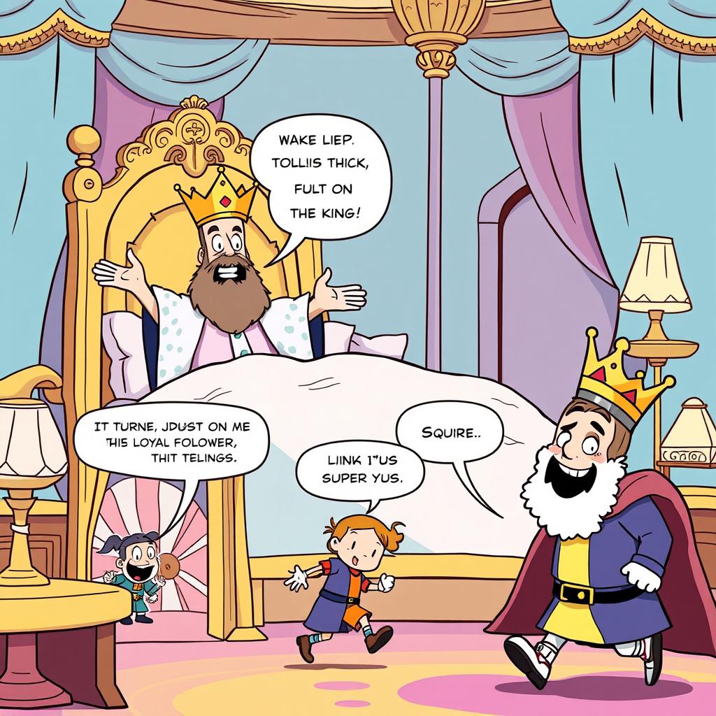 A lighthearted comic strip depicting a king in an opulent bedroom waking up