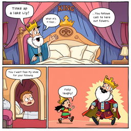 A lighthearted comic strip depicting a king in an opulent bedroom waking up