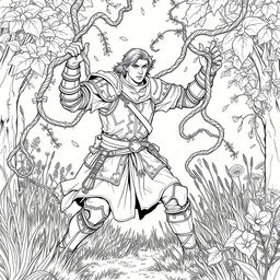 A striking line drawing of a medieval adventurer engaged in a fierce struggle against thick, ensnaring vines in a serene forest glen