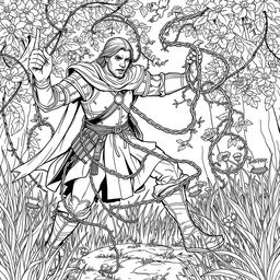 A striking line drawing of a medieval adventurer engaged in a fierce struggle against thick, ensnaring vines in a serene forest glen