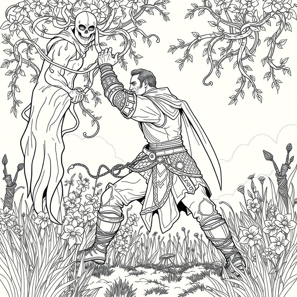 A striking line drawing of a medieval adventurer engaged in a fierce struggle against thick, ensnaring vines in a serene forest glen