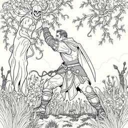 A striking line drawing of a medieval adventurer engaged in a fierce struggle against thick, ensnaring vines in a serene forest glen