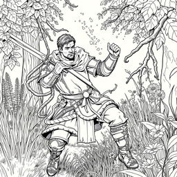 A striking line drawing of a medieval adventurer engaged in a fierce struggle against thick, ensnaring vines in a serene forest glen
