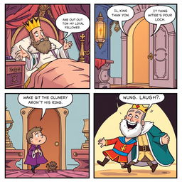A whimsical comic strip featuring a king waking up in his luxurious chamber