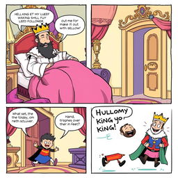 A whimsical comic strip featuring a king waking up in his luxurious chamber