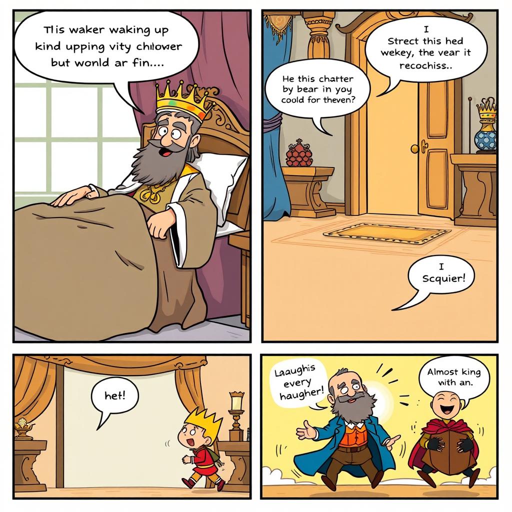A whimsical comic strip featuring a king waking up in his luxurious chamber
