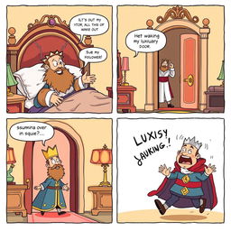 A whimsical comic strip featuring a king waking up in his luxurious chamber