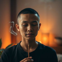A serene scene featuring a person with a buzzcut hairstyle and light brown skin, holding an incense stick, with wisps of fragrant smoke rising in the air